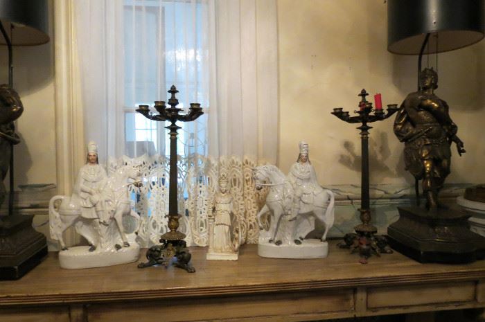 Pair Staffordshire Men on Horse.. French CandleSticks