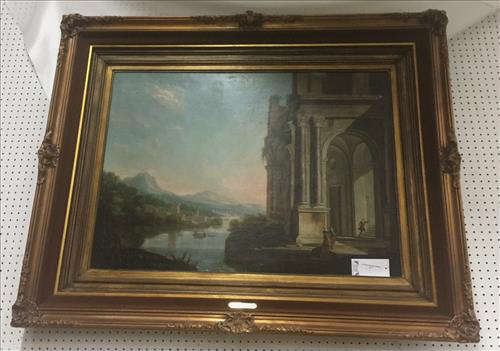 17 - Large oil on canvas of canal scene, Italian School 19th Century in ornate frame, 24 in. T, 56 in. W.
