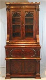20 - Very large Gothic Empire mahogany secretary with great rosewood and birds eye maple interior with secret compartments, 8 ft. 6 in. T, 48 in. W, 24 in. D.