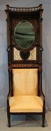 26 - Very unusual hall chair with mirror backsplash and mother of pearl and gold inlay, 7 ft. T, 25.5 in. W, 25.5 in. D.