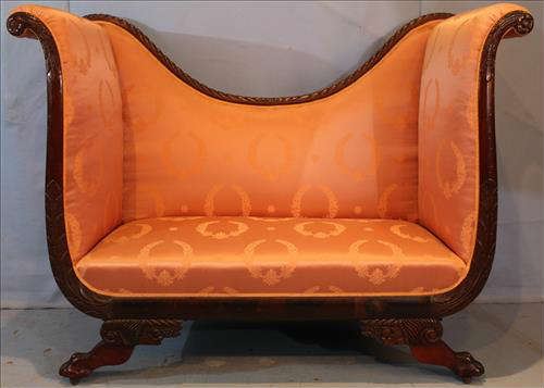 36 - Mahogany Federal settle with new rose pink upholstery, 47 in. T, 60 in. W, 19.5 in. D.