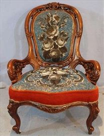 34 - Rosewood rococo parlor chair with pierce carving, original petit point handmade upholstery, 36.5 in. T, 26.5 in. W, 22 in. D.