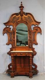 47 - Walnut Victorian hall tree with original marble and original pans, 8 ft. 7 in. T, 57 in. W, 19 in. D.
