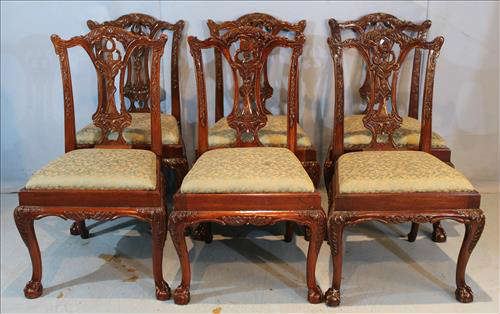 54 - Set of 6 mahogany dining chairs by Mithland-Smith with green upholstery, 39 in. T, 21.5 in. W, 17 in. D.