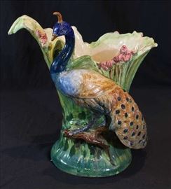 64 - Hand-painted Majolica vase with colorful peacock, ca. 1900, 16 in. T, 15 in. W, 8 in. D.