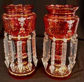 65 - Matched pair cranberry lusters with gold enamel paint and flowers, 13 in. T, 5.5 in. Dia.