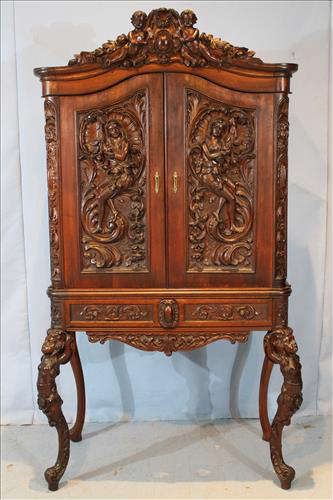 88 - Walnut Victorian wine cabinet with cupids and ladies, 69 in. T, 38 in. W, 18 in. D.