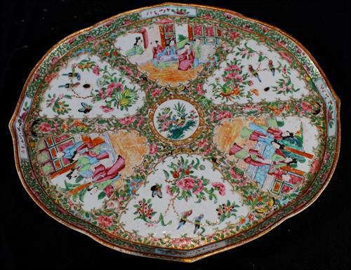 97 - Hand painted porcelain rose medallion serving tray, 19th Century, 16 in. W, 13 in. D.