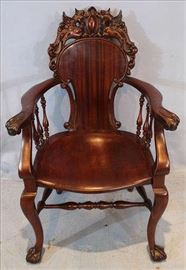 128 - Stickley side chair with heavily carved ball and claw feet, 40  in. T, 24 in. W, 19 in. D.