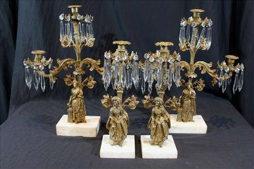 129 - 4 piece set of bronze girandoles with marble base and prisms, 19 in. T, 16 in. W with Arabian figures, ca. 1850