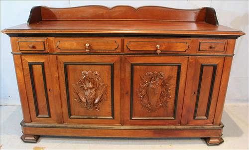 146 - Walnut Victorian hunt board with backsplash and carved fish and game on front, 43 in. T, 69 in. W, 24 in. D.