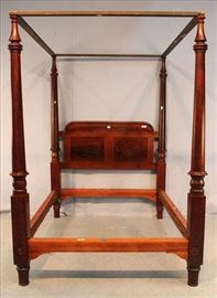 185 - Mahogany Empire 4 poster plantation bed with turned post, all original, ca. 1840. 7 ft. 8 in. T, 58 in. W, 75 in. L.