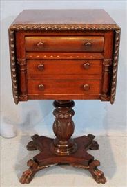 184 - 3 drawer mahogany drop-leaf work table in Federal style in gadrooned edges, 30  in. T, 16 in. Sq.