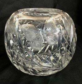 192 - Cut glass rose bowl with flowers and butterflies, 7 in. T, 7.5 in. W, 3.5 in. opening