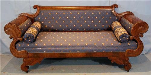196 - Mahogany Empire sofa with acanthus leaf arms and blue upholstery, 41 in. T, 79 in. L, 22 in. D.