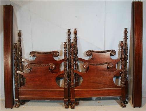 201 - Pair mahogany acanthus carved twin beds with claw feet, 57 in. T, 37 in. W, 74 in. L.