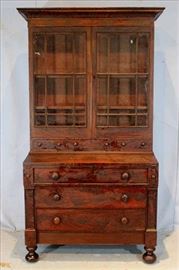 225 - Empire flame mahogany secretary desk from Riverview Mansion, Columbus MS. 81 in. T, 47 in. W, 21 in. D.