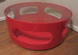 Large mod round red coffee table w/ glass top