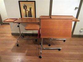 (3) Danecastle teak rolling trays, Walton Butts "Totems" serigraph