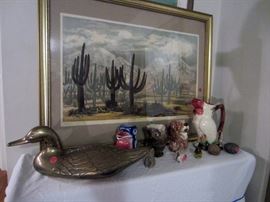 Walton Butts "Seguro" serigraph, Staffordshire pitchers, A.America brass duck doorstop