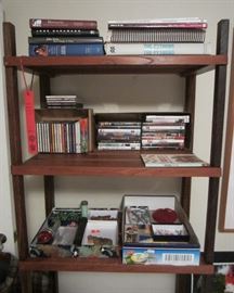 Teak etagere, books, DVDs, CDs, misc.