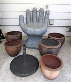Hand chair, outdoor ceramic pots, umbrella stand