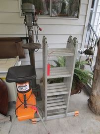 Standing drill press, wood chipper, extension ladder