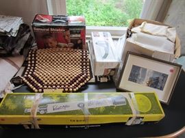 Tasco telescope, massagers, beaded car seat cover, box linen fabric remnants