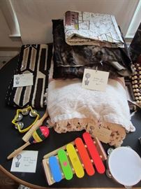 Large Navajo-style wool blanket, vintage fabrics, bedspread, Melissa & Doug instruments