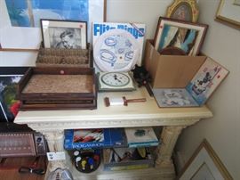 Vintage Charles Lindbergh portrait, clock, Flite Rings, 50s poodle artwork, vintage poker caddy, desk trays/basket, artwork