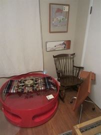 Red coffee table, Danecastle Teak rolling tray, rocking chair, artwork, vintage wall clock