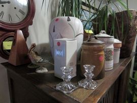 Metronome, Scheurich vase, Pottery Craft Robert Maxwell lidded jars, Mikasa candlesticks