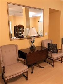 Matching arm chairs, Duncan Phyfe drop leaf table and extra large mirror