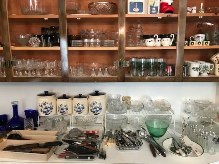 Glassware, Xmas items, cutlery, bowls, and more.