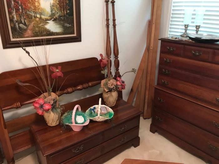 4 poster bed, chest of drawers, cedar chest, 