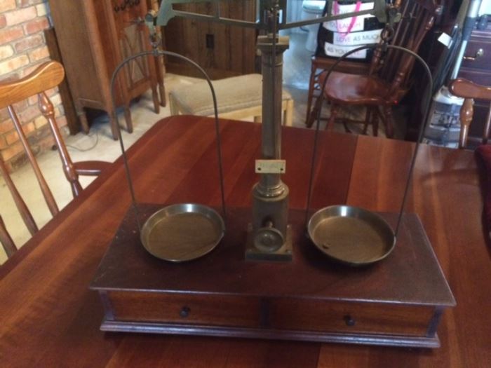 antique english scales with a separate box of weights