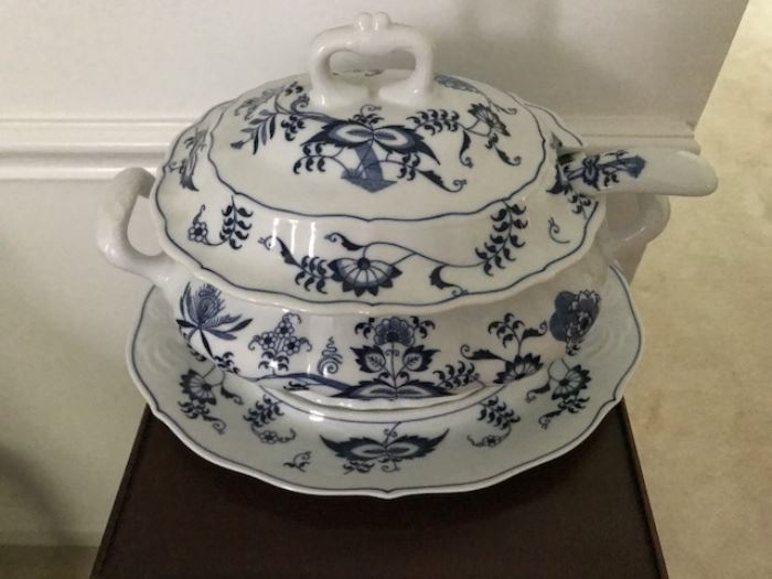 Blue & White Onion Tureen with ladle and under plate.