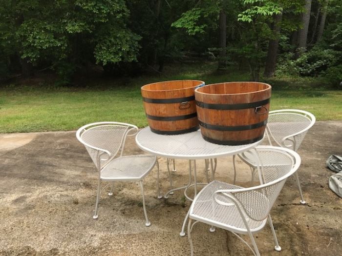 Vintage outdoor furniture with 2 wine barrel planters