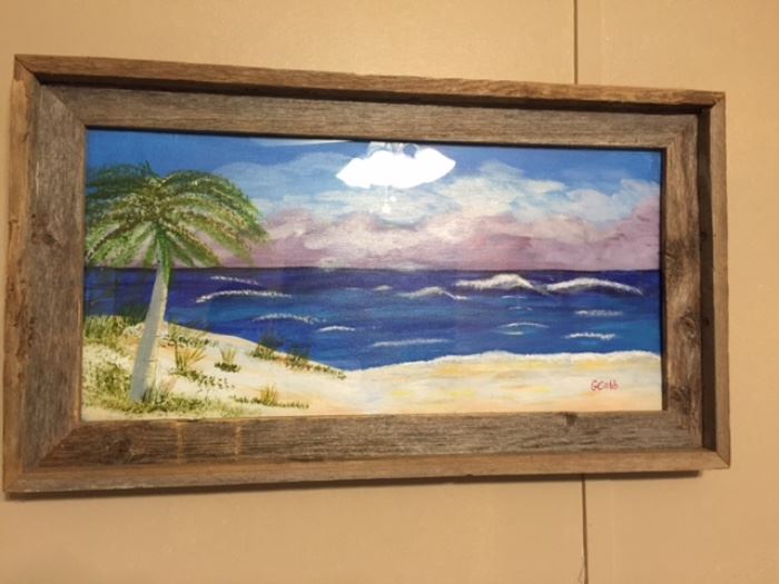 Barnwood framed beach scene painting