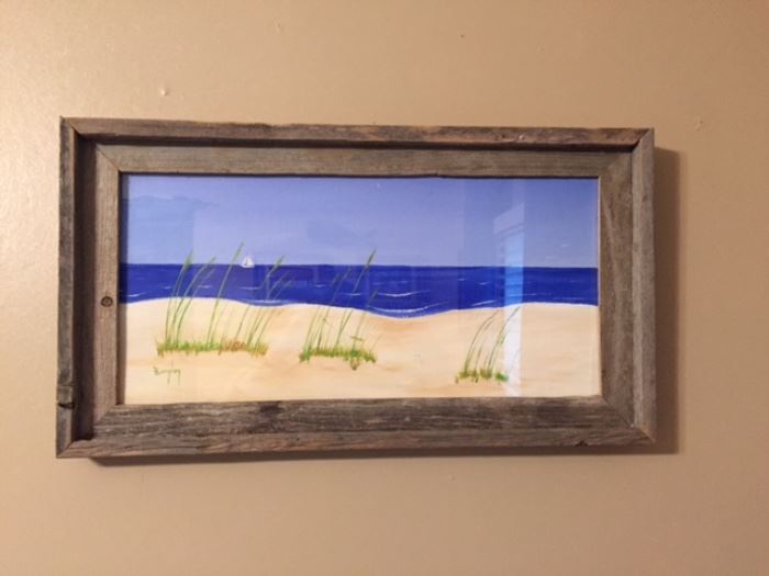 Barnwood framed sand dunes painting