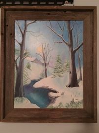 Original winter scene painting in one of the many great barn wood frames (made by the owner!)