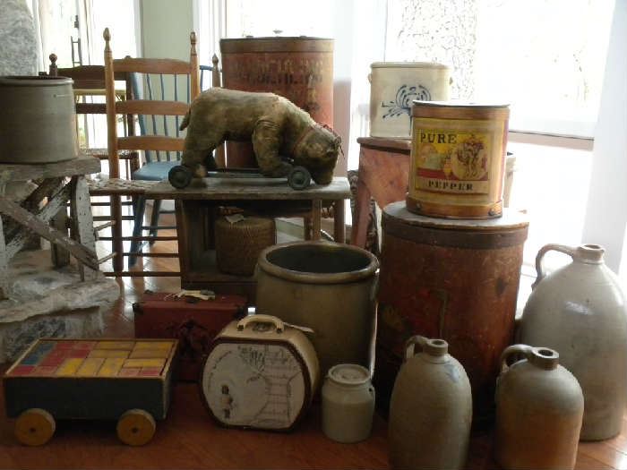 CROCKS, ANTIQUE BEAR PULL TOY, CHAIRS & MORE
