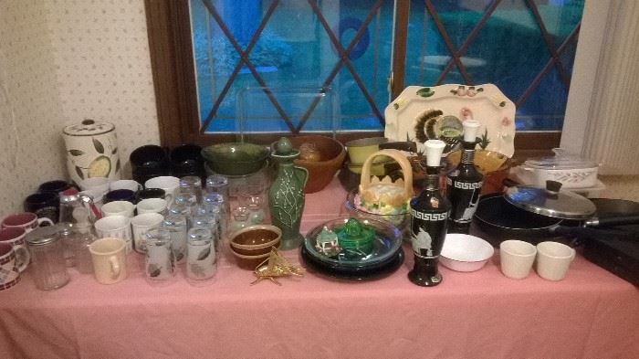 Vintage Glassware , Jim Beam Collector Bottles , Ceramic Large Turkey Platter, Cookie Jar, Teak Salad Bowl & much more