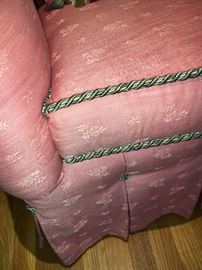 Beautifully upholstered in elegant pink with sage cording.
