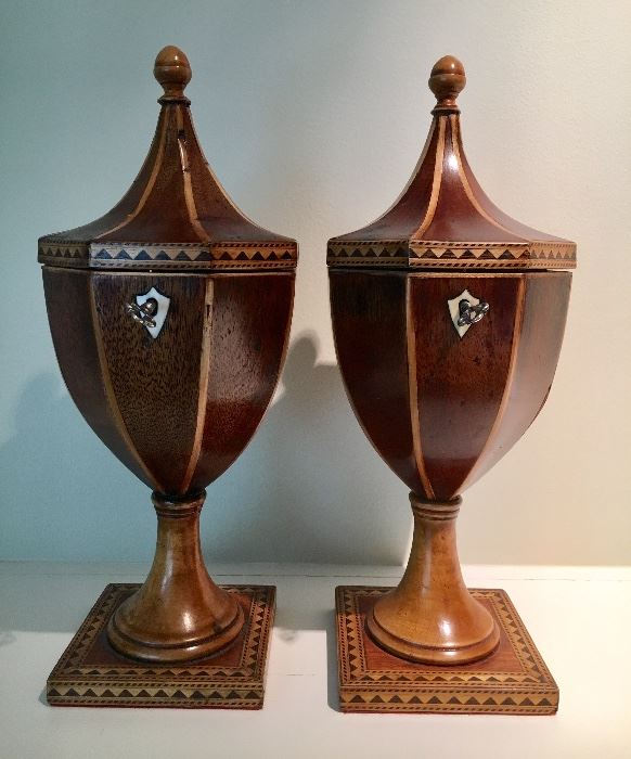 Extremely Rare George III Tea Caddy in the shape of an urn-form knife box, in partridge wood with satinwood stringing, octagonal with pagoda shaped lid and acorn-form finial, urn-form body and turned socle with square plinth base having inlaid banding. Circa 1790. Height, 10.”