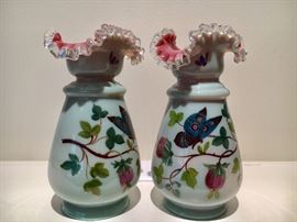 Pair of Antique Floral Victorian Vases  - Ruffled Trim 