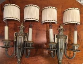 Beautifully crafted gold leaf and grey custom painted sconces with Blanch Field hand made shades.