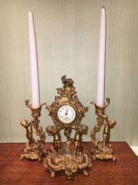 Antique gold gilt, Jennings Brothers, (Connecticut) early 20th c. ornate mantle clock with matching candle sticks. 