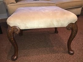 Lewis Mittman bench upholstered in microsuede featuring ornate Queen Anne style legs.