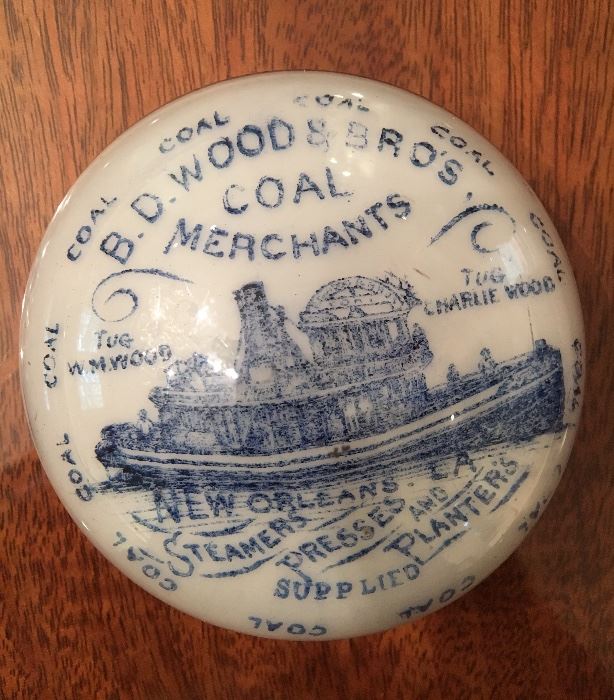 Absolutely amazing! Excellent condition. Antique advertising paperweight. Stamped on bottom "Brown Maxwell and Company, limited, Rochester Pennsylvania USA, Pat'd Sept. 5th, 1882". Front has detailed image executed in cobalt blue, detailed manned tugboat advertising call for "BD Wood and Brothers Coal Merchants  of New Orleans.